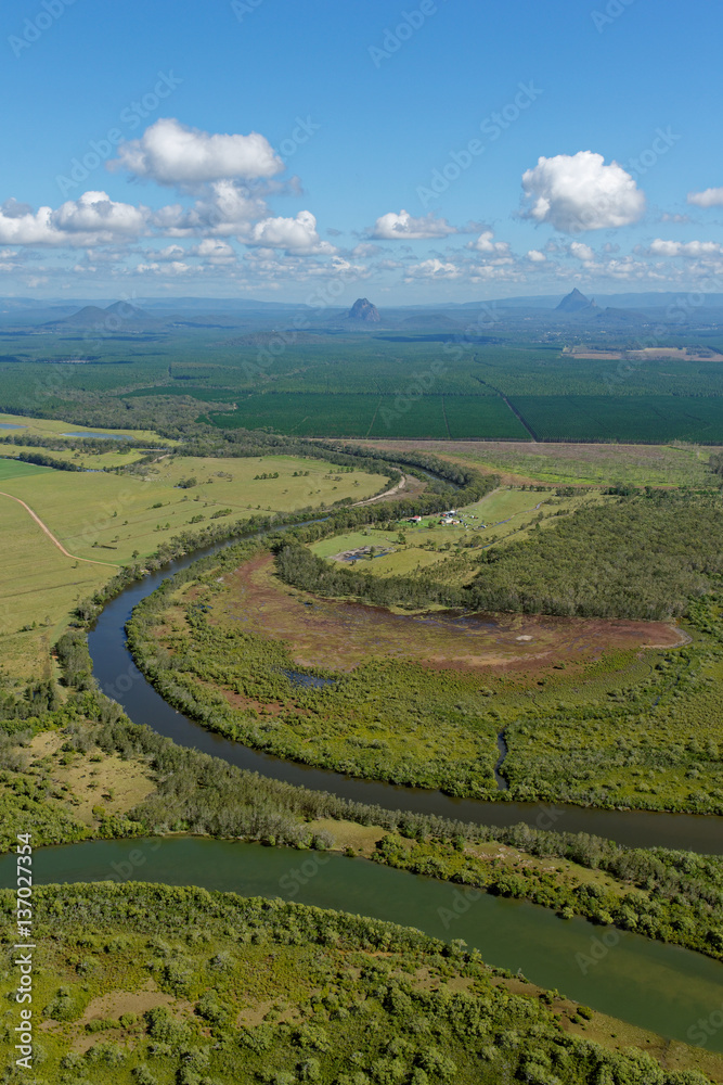 Aerial view of Glass House Mountains from the east