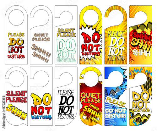 Do not disturb - vector illustrated comic book style door hanger sign set.