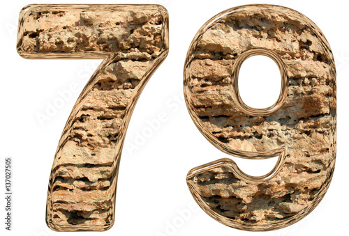 Numeral 79, seventy nine, isolated on white, natural limestone,