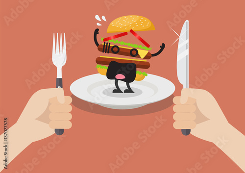 Man prepare to eat scared burger