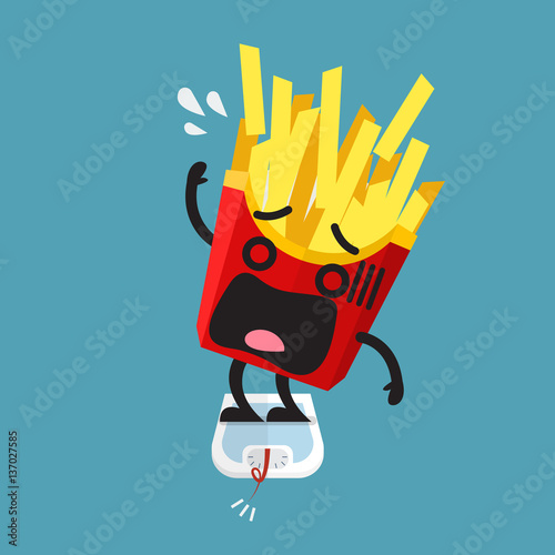 Overweight french fries character on weight scale