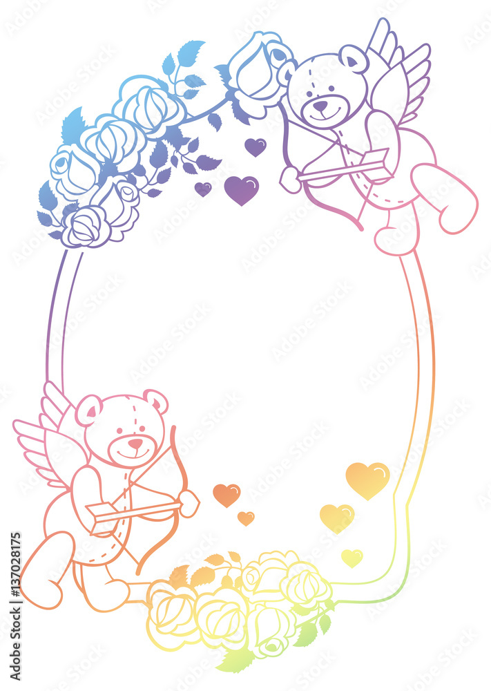 Gradient color label with roses and teddy bear looks like a Cupid. Gradient color label with roses and teddy bear looks like a Cupid.
