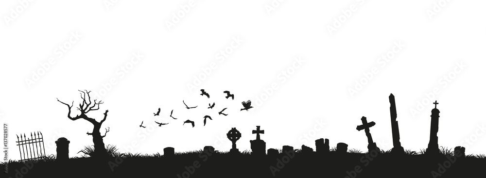 Naklejka premium Black silhouettes of tombstones, crosses and gravestones. Elements of cemetery. Graveyard panorama