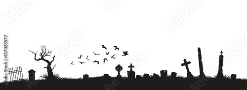 Black silhouettes of tombstones, crosses and gravestones. Elements of cemetery. Graveyard panorama photo