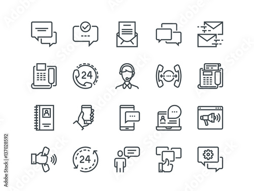 Communication. Set of outline vector icons. Includes such as Phone Calls, Video Chat, On-line Support and other. Editable Stroke. 48x48 Pixel Perfect.