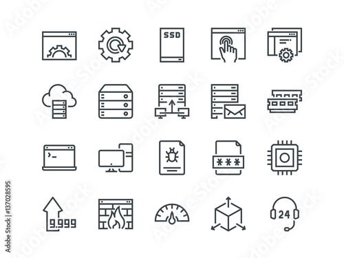 Hosting. Set of outline vector icons. Includes such as SSD Disk, Control Panel, Traffic, Firewall and other. Editable Stroke. 48x48 Pixel Perfect.