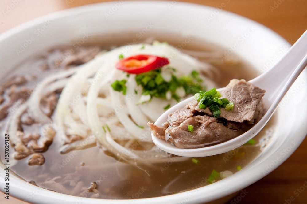 Fresh beef and onion, light and delicious beef rice noodle made of ingredients Fresh beef and onion, light and delicious beef rice noodle made of ingredients