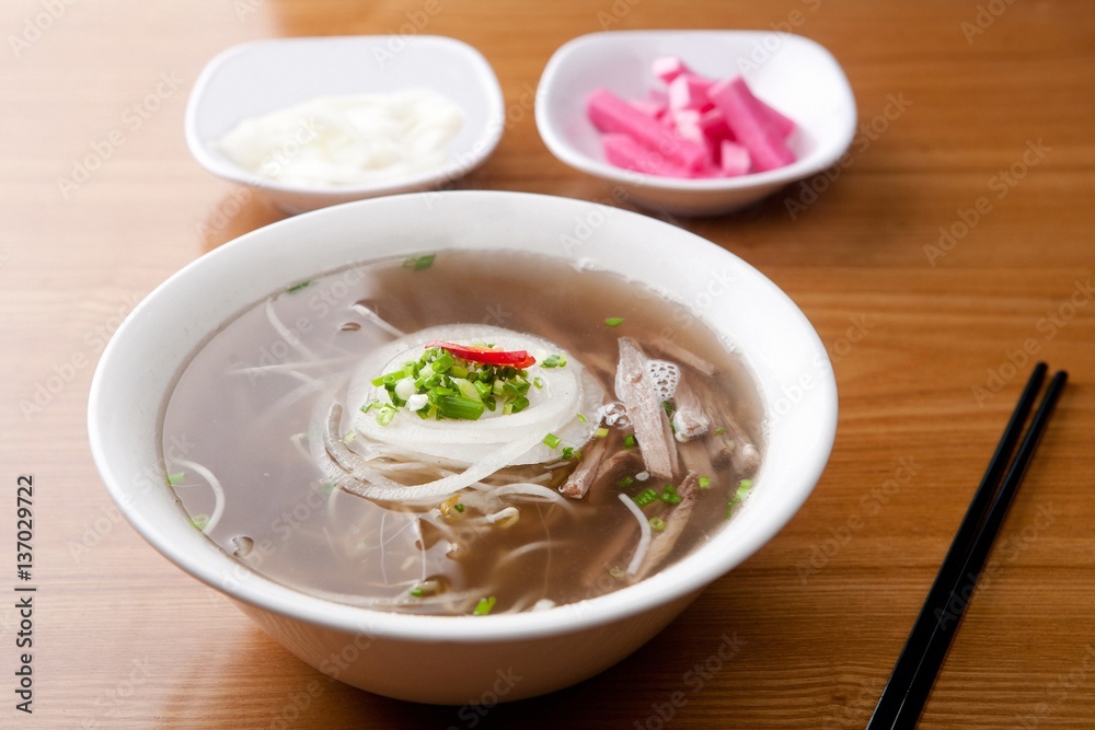 Fresh beef and onion, light and delicious beef rice noodle made of ingredients Fresh beef and onion, light and delicious beef rice noodle made of ingredients