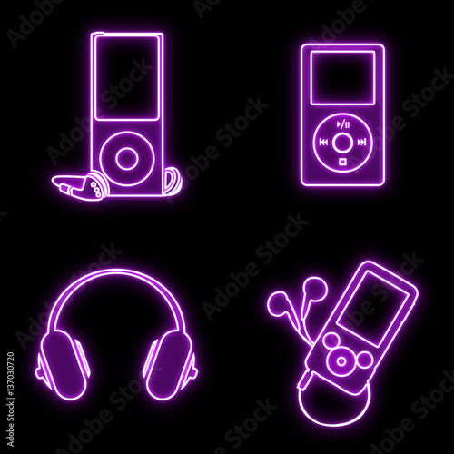 Glowing ipod and headphone icon set, purple neon glow icons isolated on black photo