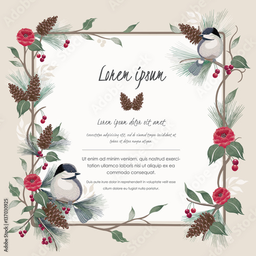  Vector illustration of a beautiful floral vine border in winter for Happy New Year and Merry Christmas cards. A beautiful hand drawn illustration with a cute bird on a branch. 				