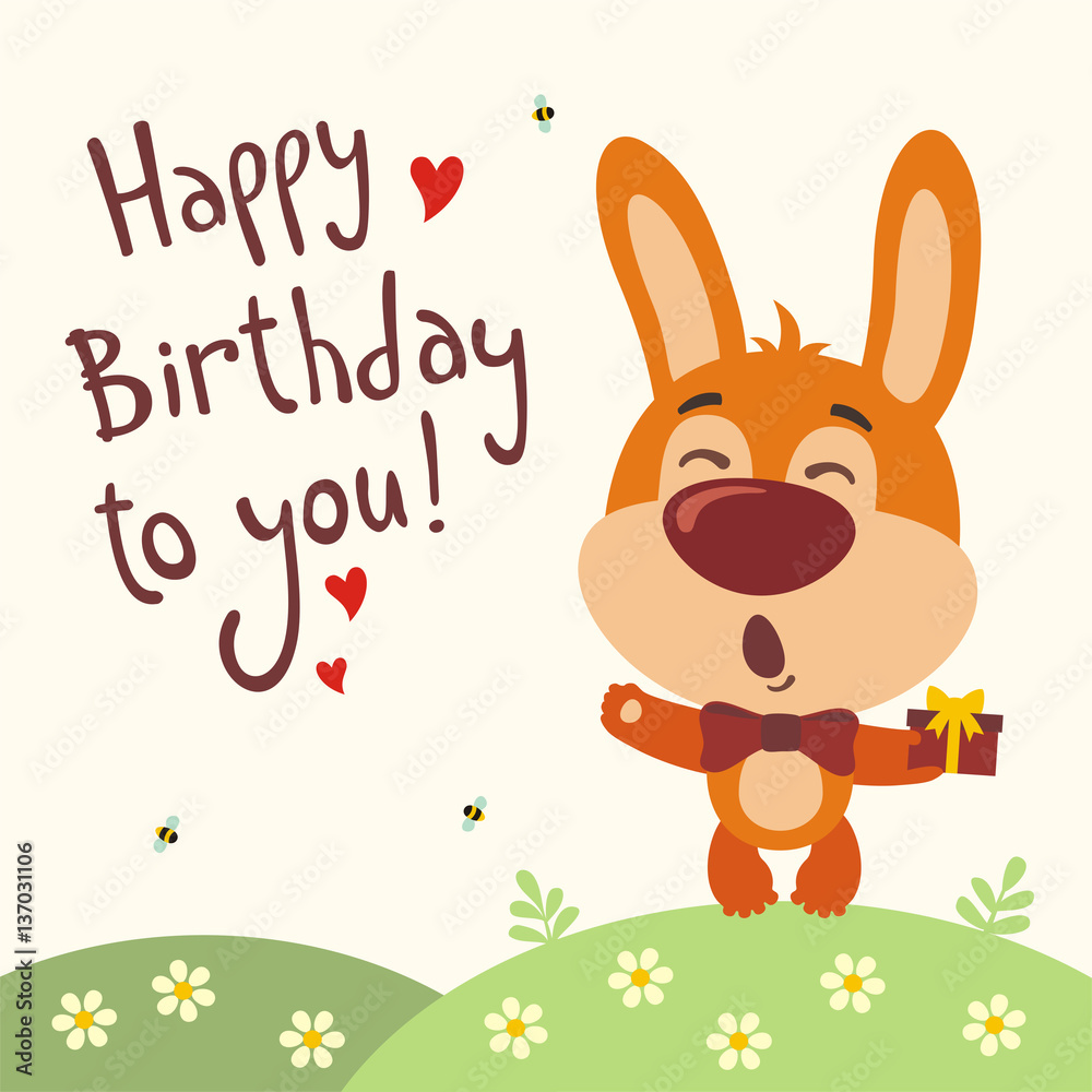 Happy birthday to you! Funny bunny rabbit sings birthday song with gift in  hand. Card with rabbit in cartoon style. Stock Vector | Adobe Stock