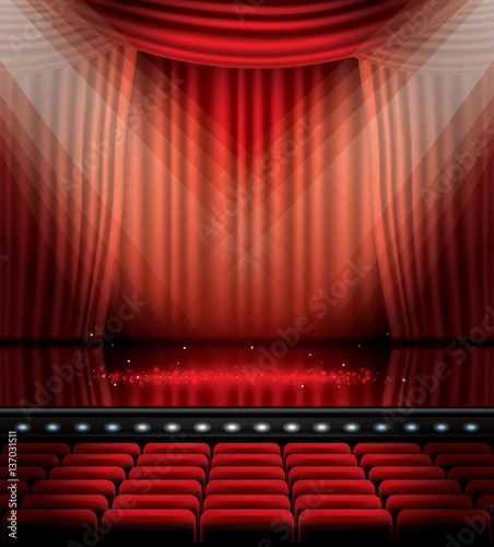 Open Red Curtains with Seats and Copy Space.