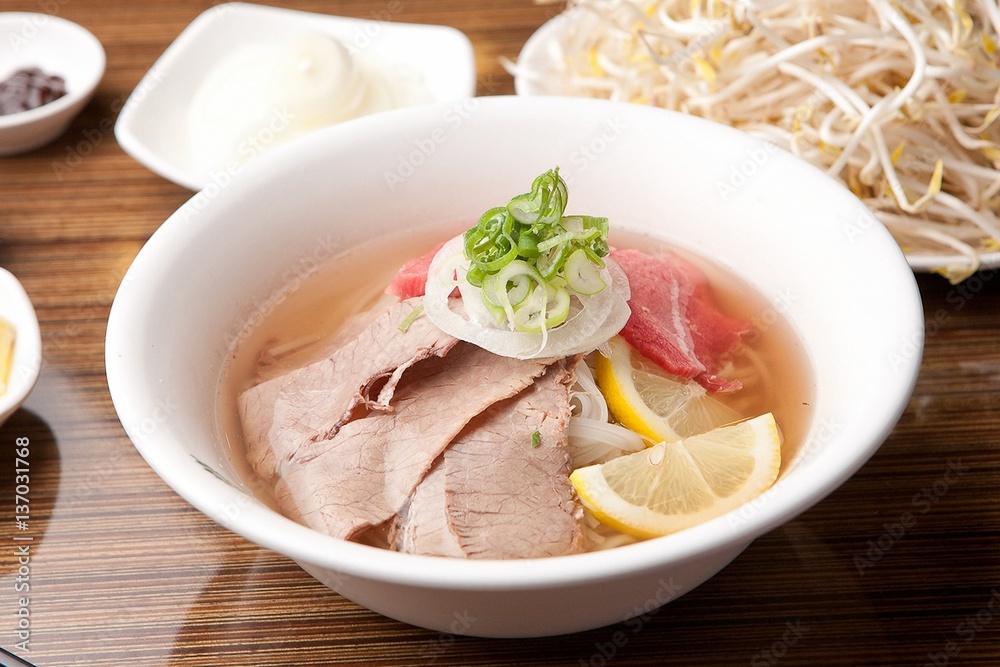 Fresh beef and onion, light and delicious beef rice noodle made of ingredients Fresh beef and onion, light and delicious beef rice noodle made of ingredients