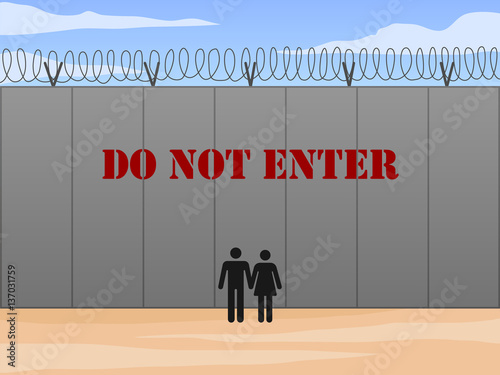 Border wall between United States and Mexico with do not enter sign in English vector illustration