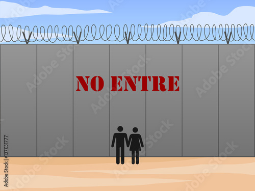 Border wall between United States and Mexico with do not enter sign in Spanish vector illustration