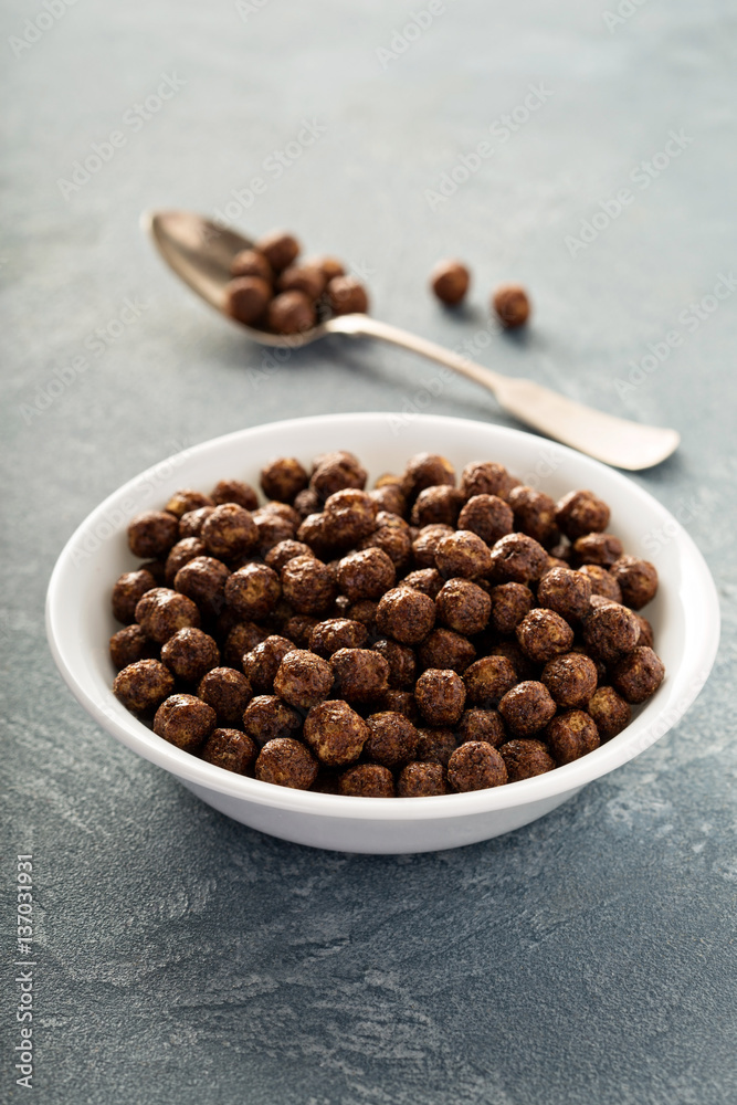 Chocolate cereals in a white bowl Chocolate cereals in a white bowl