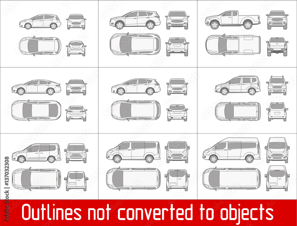 car sedan and suv and van all view drawing outlines not converted to objects