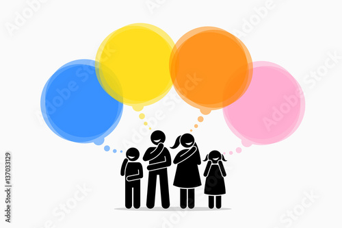 Different family members thinking of different things. Vector artwork depicts wishes, thoughts, ideas, needs, and imaginations of different people. 