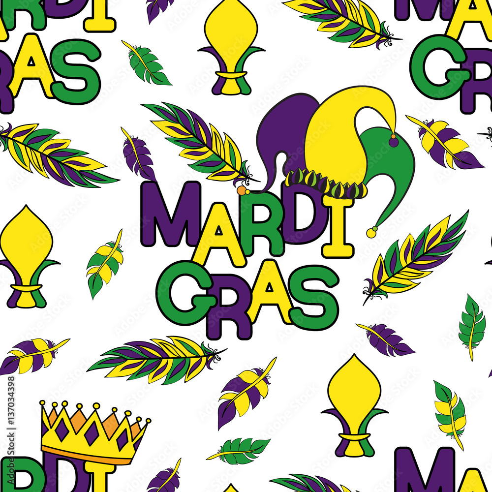 Obraz premium Mardi Gras seamless pattern. Colorful background with carnival mask and hats, jester s hat, crowns, fleur de lis, feathers and ribbons. Vector illustration