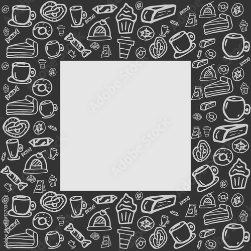 Vector card with an illustration on the theme of the cafe. The shape made of candy, sweets, tea and coffee. The idea chalk board. Bright, elegant shape, made from tea and coffee things.
