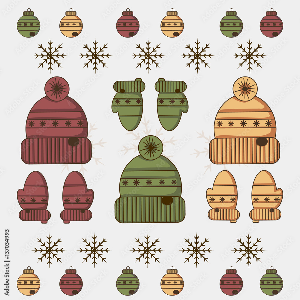 Fototapeta premium Vector pattern of snowflakes, hats, gloves and Christmas balls. The idea for the New Year. It can be used to design websites, postcards, etc.