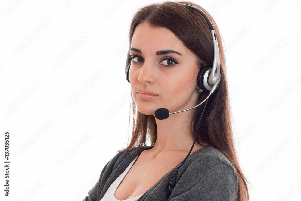 close up of young serious call center woman woman with headphones and microphone isolated on white background close up of young serious call center woman woman with headphones and microphone isolated on white background
