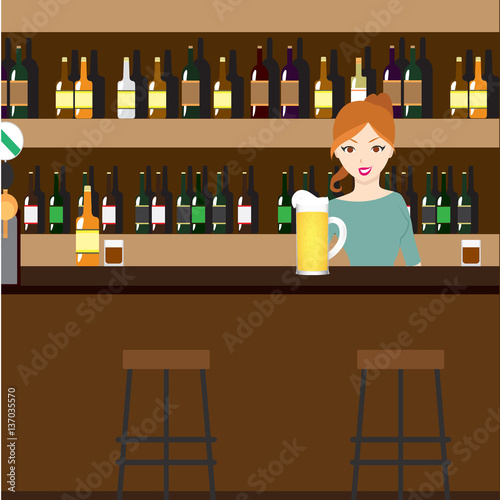 Bar Restaurant with girl in flat style. Vector banner of interior with bar counter, bar chairs and shelves with alcohol.