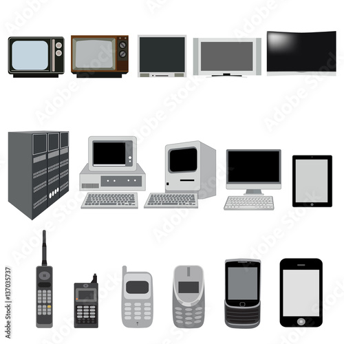 Phone, TV and computer evolution vector icons