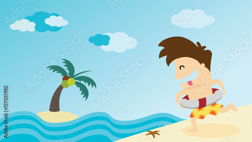 Man running to summer beach. Vector illustration.