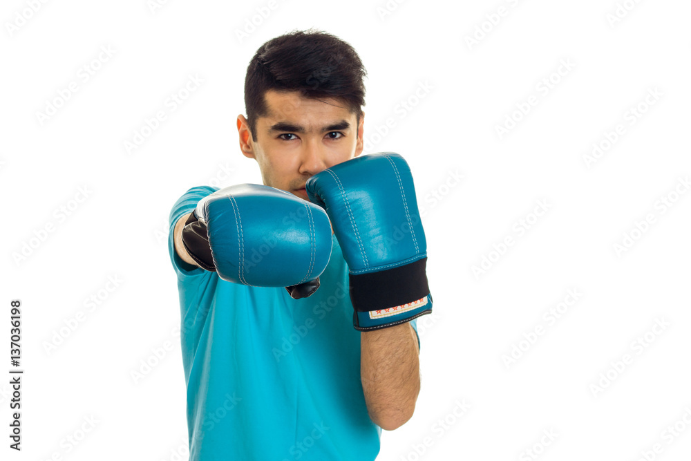 young brunette sportsman in blue boxing gloves and uniform practicing boxing isolated on white background young brunette sportsman in blue boxing gloves and uniform practicing boxing isolated on white background