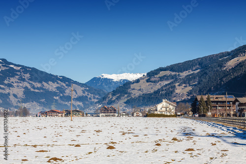 Sunny view at village of Mayrhofen in Zillertal valley, Tirol, Austria.