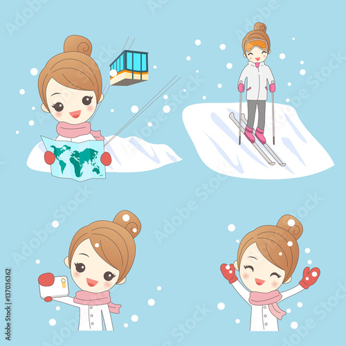 cartoon woman go travel