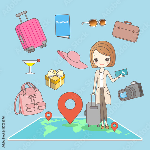 cartoon woman go travel