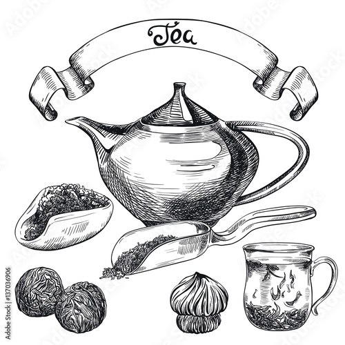 tea pu-erh. set of vector sketches
