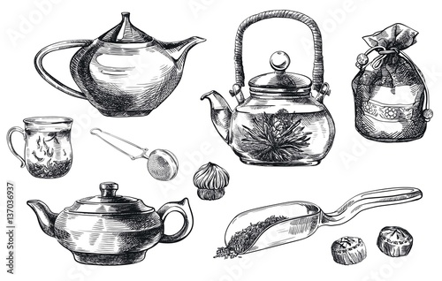 tea pu-erh. set of vector sketches