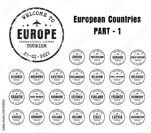 old worn stamps with the name of the European countries