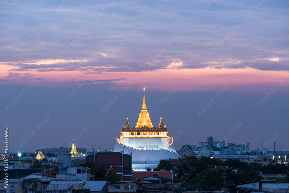golden mount temple (wat sraket rajavaravihara) at sunset