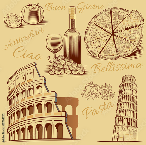 Italy doodles elements. Hand drawn set with pizza, pisa tower, colloseum Roma