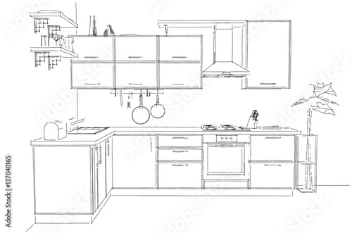 Sketch of modern corner kitchen. 3d outline illustration black and white. Front view.
