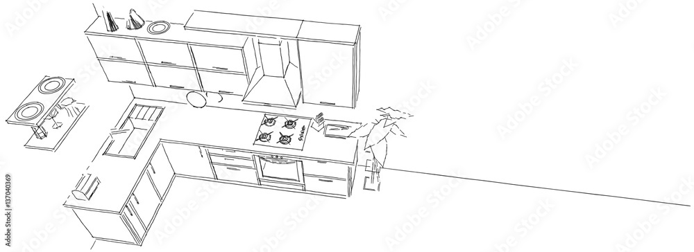 Contemporary corner kitchen interior. Black and white three-dimensional sketch drawing on long background. Top isometric view