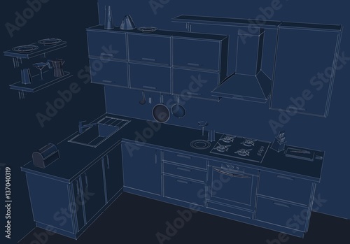 Sketch of contemporary kitchen interior blue and white
