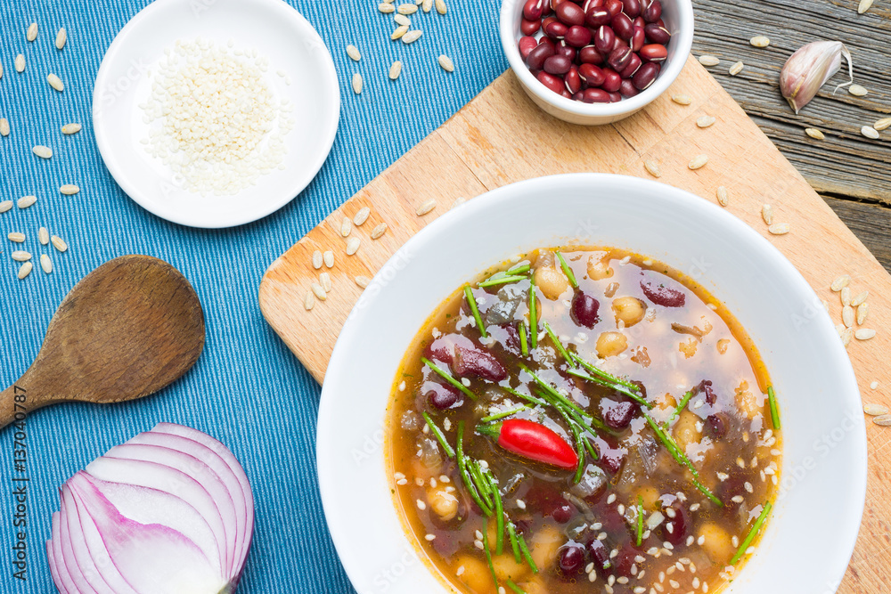 Top View Beans Soup. Vegetarian Adzuki Bean Meal with Cooking Ingredients. Top View Beans Soup. Vegetarian Adzuki Bean Meal with Cooking Ingredients.