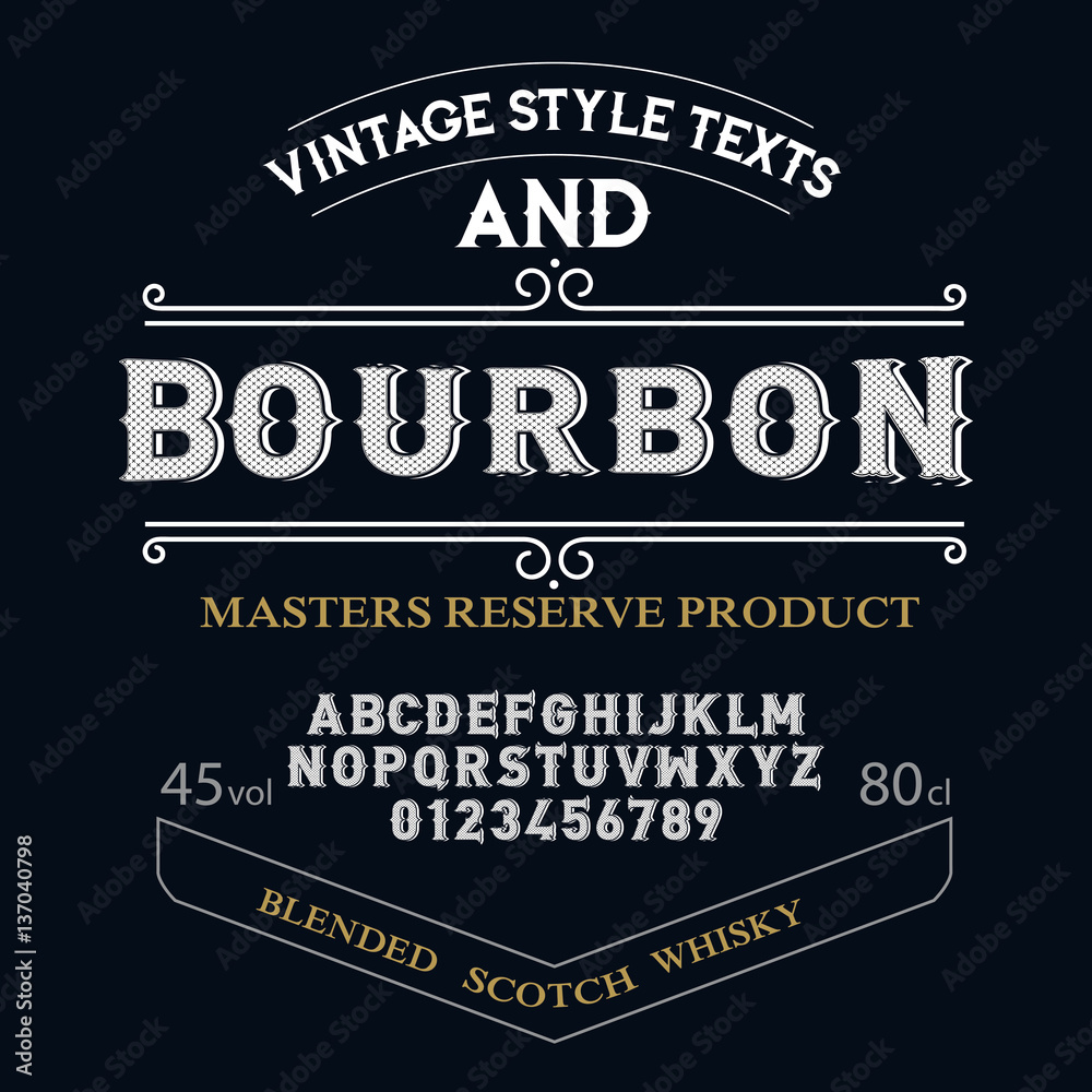 Typeface. Label. Bourbon typeface, labels and different type designs