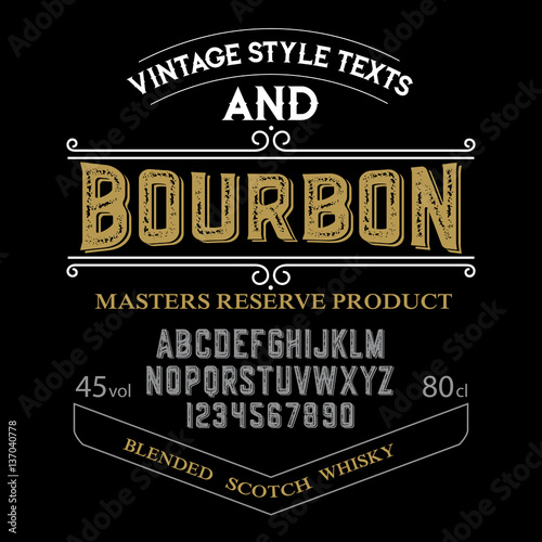 Typeface. Label. Bourbon typeface, labels and different type designs