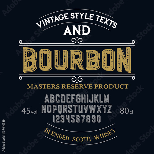 Typeface. Label. Bourbon typeface, labels and different type designs