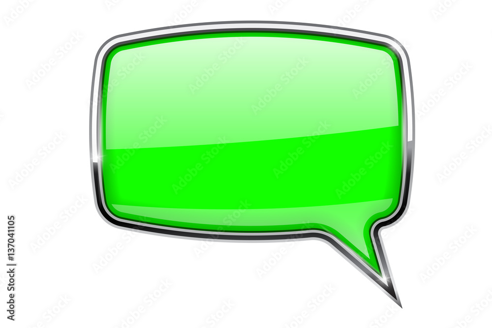 Green speech bubble. Square 3d icon with chrome frame Green speech bubble. Square 3d icon with chrome frame