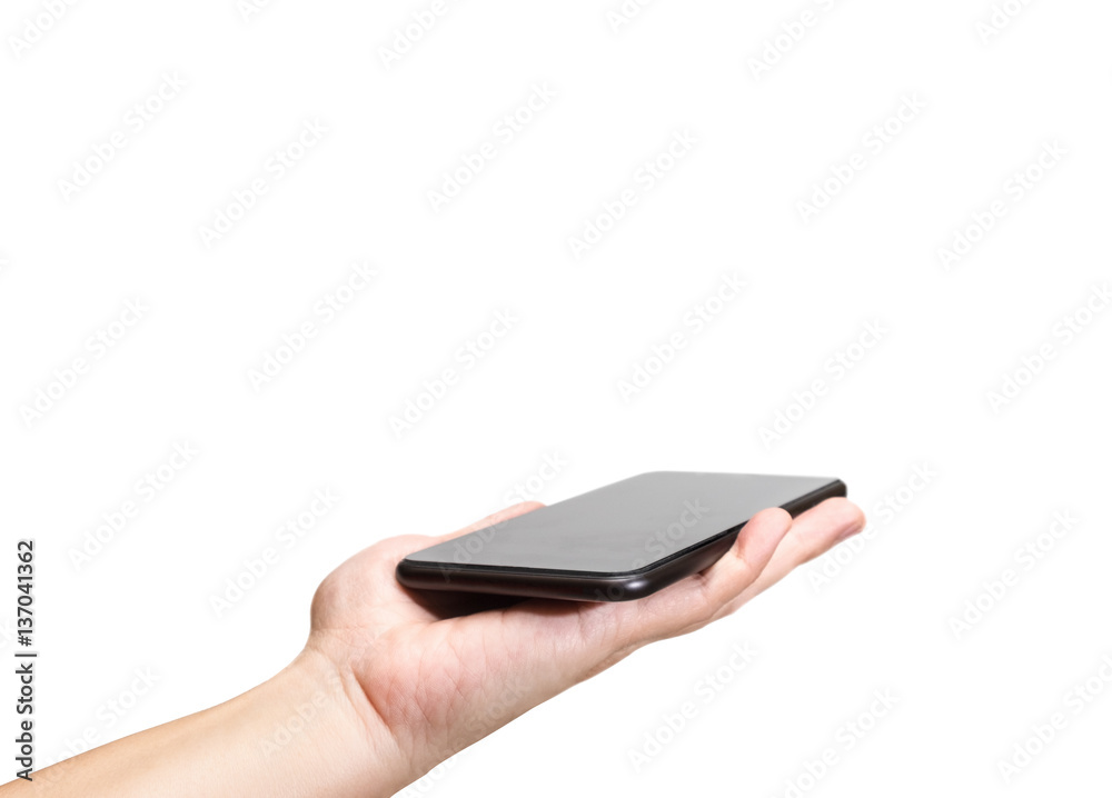 Hand holding black mobile phone with blank screen isolated on wh Hand holding black mobile phone with blank screen isolated on wh