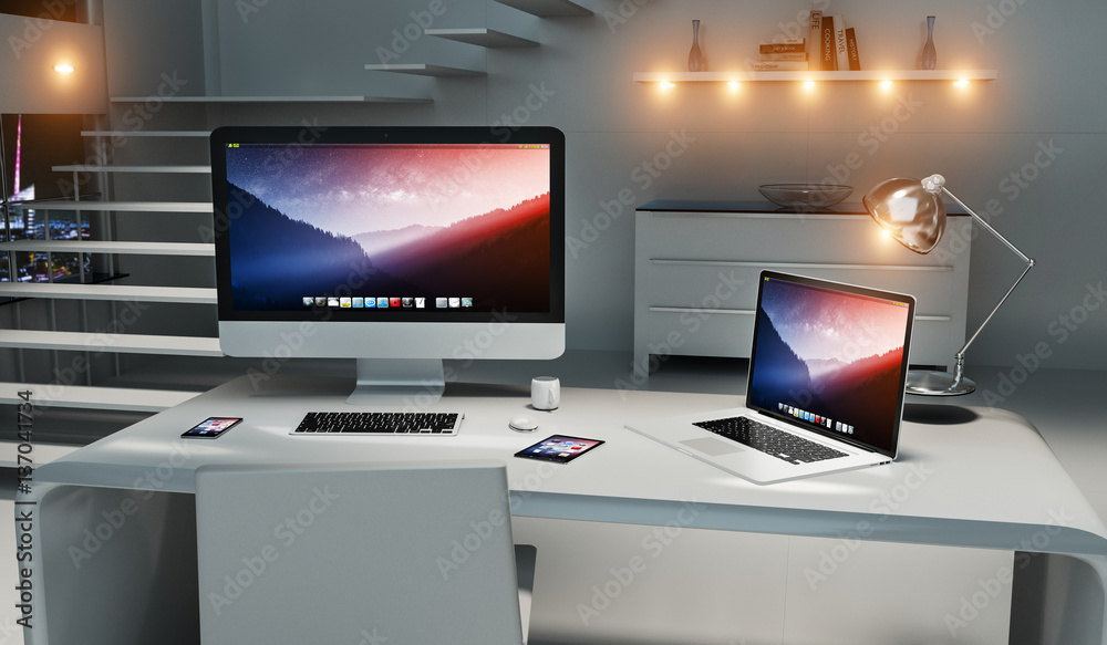 Modern dark desk office interior with computer and devices 3D re Modern dark desk office interior with computer and devices 3D re