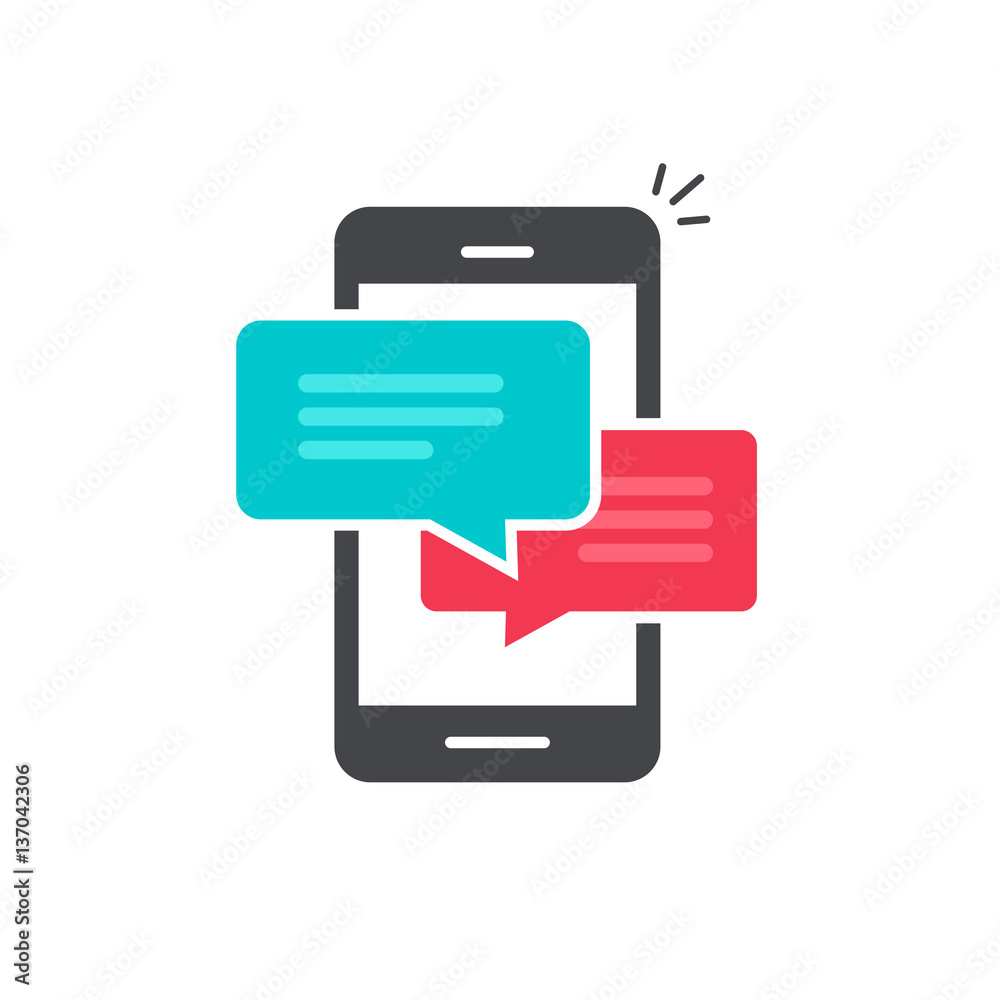 Chat text message in mobile phone icon vector isolated on white background, flat style smartphone dialog bubble speeches symbol, cellphone messages concept, colorful mobile sms or chatting icon Chat text message in mobile phone icon vector isolated on white background, flat style smartphone dialog bubble speeches symbol, cellphone messages concept, colorful mobile sms or chatting icon