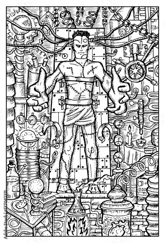 Laboratory monster. Engraved fantasy illustration. Mythical collection